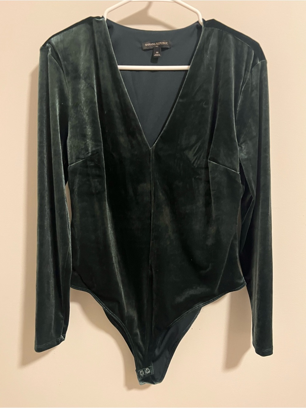 Banana Republic Velvet Long-Sleeve V-Neck Bodysuit in Forest Green. Medium.